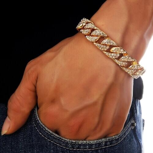Hip Hop Bling Iced Out Mens Bracelet Full Rhinestone Pave Gold Color Miami Cuban Link Chain Bracelets For Men Rapper Jewelry