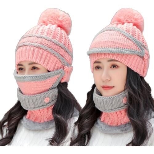 Warm Scarf Mask Hat Beanie Set - Cable Knit Winter Gift Set Pom Cap Warm Thick Fashion Hat 3 PCS Set for Women