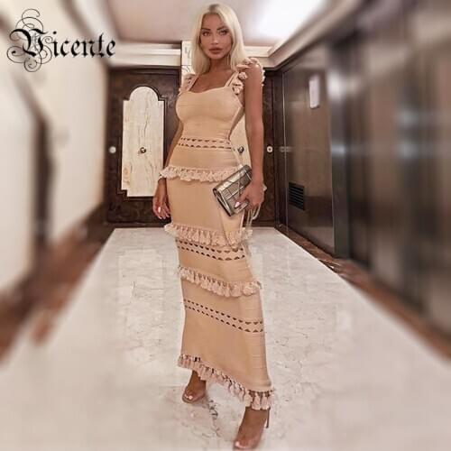 VC All Free Shipping 2020 New Trendy Tassels Hollow Out Design Sleeveless Celebrity Party Club Bandage Maxi Long Dress