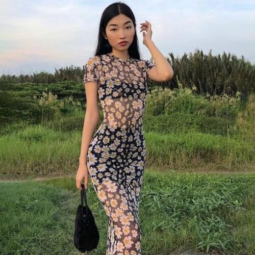 Y2K Aesthetic Short Sleeve Skinny Bodycon Sunflower Dress Mesh Transparent Maxi Dresses 90s Vintage Long Dress Summer Clothes