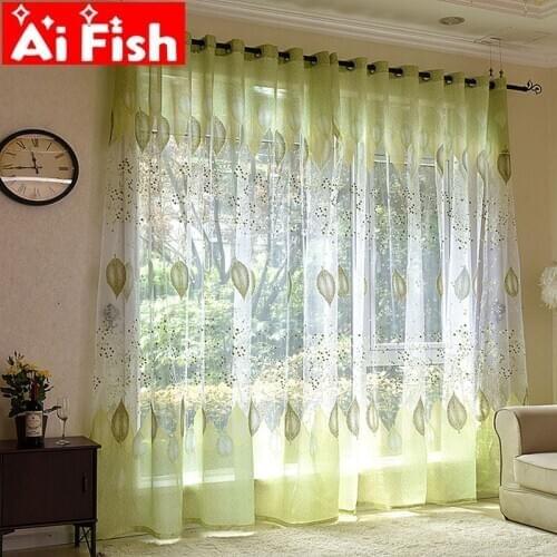 Green Shiny Jacquard Leaves Tulle Curtains For Kitchen Rustic Window Curtain Transparent Panel for Living Room Sheer Drapes #5