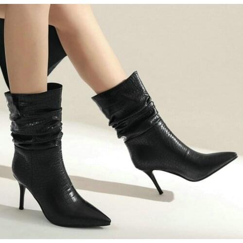 Faux Leather High Quality Women Ankle Boots Fashion Pointed Toe Thin High Heel Short Boots Pleated Slip on Womans Shoes 2021