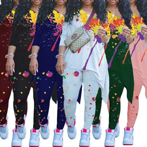 2021 Summer New Womens Clothing Splash Ink Printing Oblique Shoulder Long Two-Piece Suit