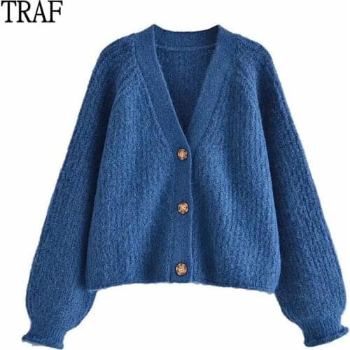 TRAF Za Woman Cardigan Sweater 2021 Fashion Single-Breasted Loose Long Sleeve Woman Clothing Vintage Knit Jacket Ladies Sweater