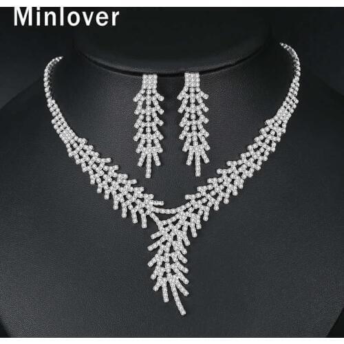 Minlover Leaf Branch Crystal Bridal Jewelry Sets for Women Silver Color Rhinestone Bridal Necklace and Earring Set Jewelry TL550
