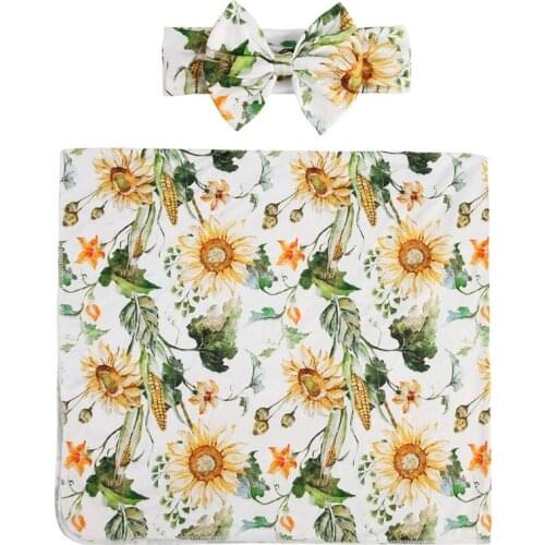 2 Pcs Baby Floral Printed Receiving Blanket Headband Set Sleepsack Swaddle Wrap Hair Band Headwrap Kit for Newborn