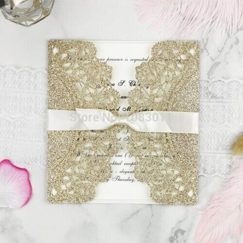 PONATIA 20 PCS Lace Cut Gold Glitter Flower Pattern Bowknot Ribbons Wed Invitations Cards For Birthday Baby Shower Wedding Invit
