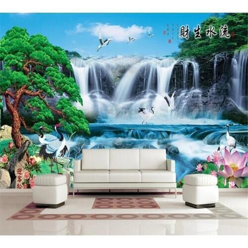 Beibehang Customized 3D Mural HD Series Flowing Water Makes Money Welcome Guest Pine, Fairy, Crane Landscape Painting wallpaper