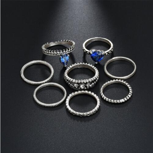 8 pcs/set Bohemian Flower Ring Sets for Women Vintage Retro Silver Color Blue Crystal Heart Rings Finger Jewelry Gifts 2018 New