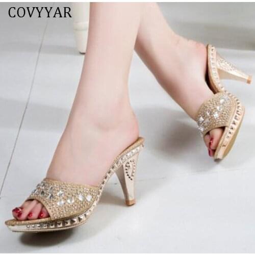 COVOYYAR Women Sandals Mules 2019 Summer Luxury Rhinestone Lady Sandals Slippers Slingback High Heels Women Golden Shoes WSS953