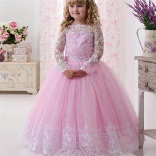 Elegant Pink Flower Girl Dresses Lace Appliques Fluffy Tulle Custom Made Ball Gown First Holy Communion Dresses for Girls
