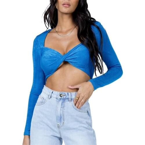 Womens Twist Front T-Shirts y2k E-Girls Ladies Sexy V Neck Long Sleeve Solid Color Slim Fit Crop Tops Summer 2021