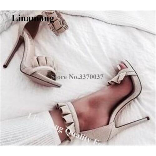 Linamong Women Cute Suede Leather Ruffles Stiletto Heel Gladiator Sandals Pink Purple Lace High Heel Sandals Formal Dress Shoes