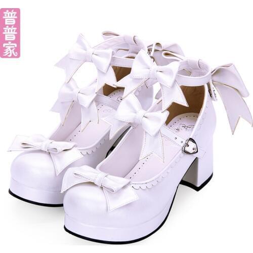 Princess sweet lolita shoes Autumn and spring high heeled and thick bow tie princess sweet soft sister shoes women pu8976