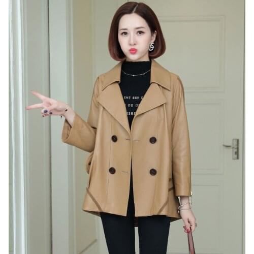 Fashion PU Leather Jacket Women Spring Autumn Mid-Length A-Line Loose Large Size Coat Locomotive Jaqueta De Couro Feminina zh432
