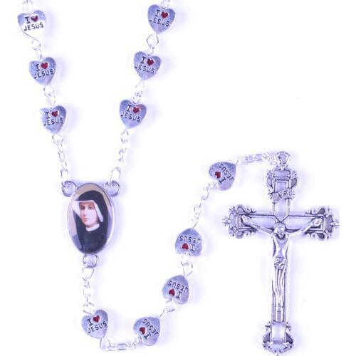 Trendy Popular Religious Heart Shaped Alloy Beads Jesus Merciful and St Faustina Catholic Chain Rosary Necklace