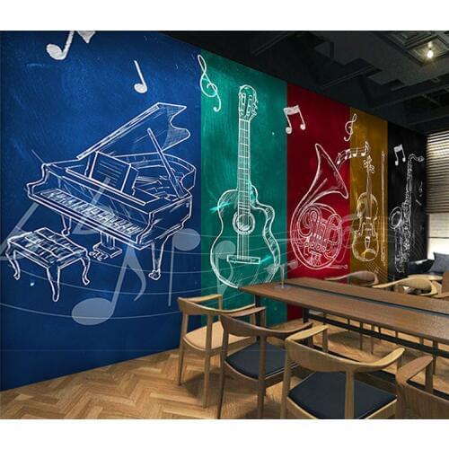 Trendy musical instrumental music bar background wall color hand-painted graffiti wall paper ballroom guitar large murals