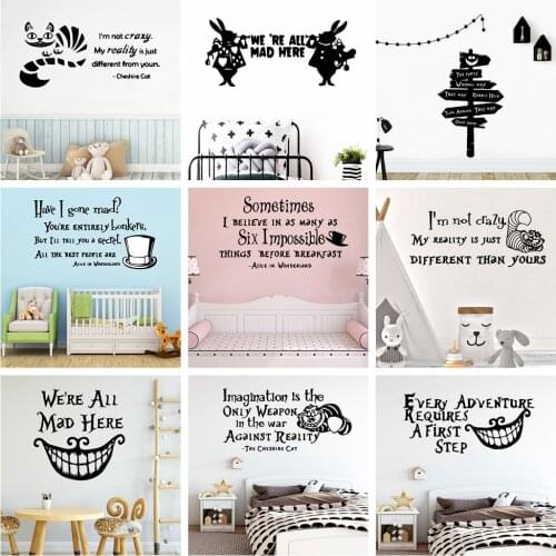 Cartoon Alice In Wonderland Vinyl Wall Sticker English Quote Wall Art Decor For Kids Rooms Babys Room Nursery Mural Poster