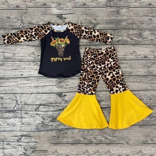 NEW ARRIVAL Sunflower Ox-head Pattern Top Cheetah Print Falre Pants Boutique Outfits for Baby Girl