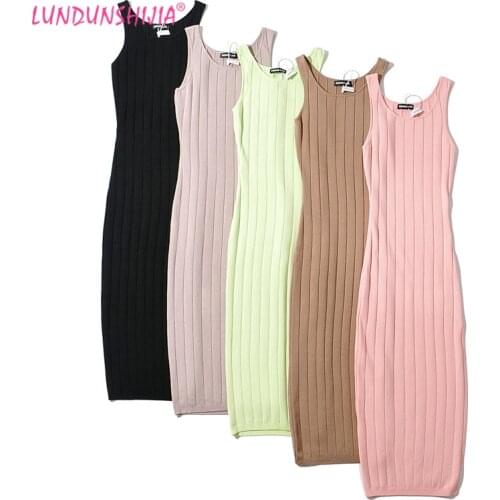LUNDUNSHIJIA 2021 Spring Summer Elegant Skinny Solid Sweater Knitting Dresses Women Sleeveless O-neck High Split Fit Long Dress