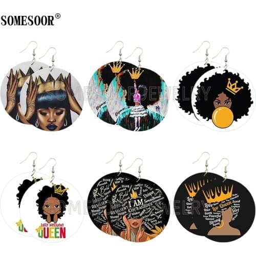 SOMESOOR Mixed 6 Package Sale The Girl In The Crown Wooden Double Sides Print Dangle African Earrings For Women Gifts