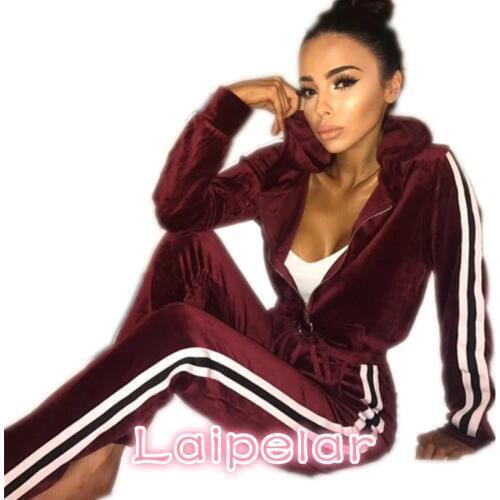 Laipelar Strip Spliced Velvet Tracksuit Winter Two Piece Set Top and Pants Full Sleeve Casual Women Sets Velour Sweatsuit D35BA
