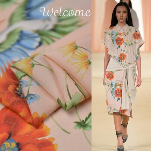 Pure silk Jiang Hong crepe silk fabric plant and animal design Crease resistant,SHJC069