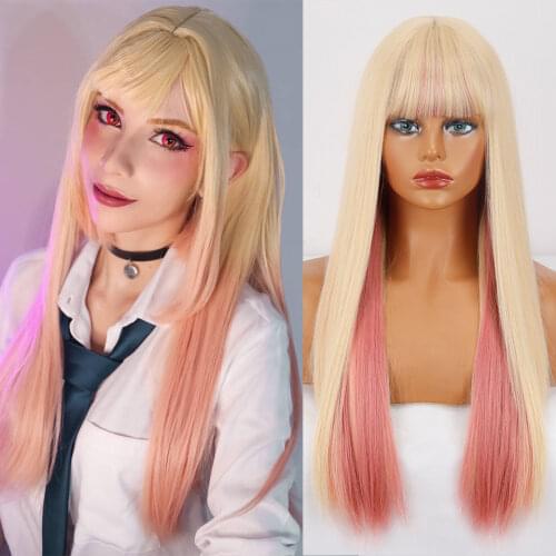 VOGUESI Black Hair Synthetic Wig Long Straight Wigs Heat Resistant For Women Daily/Cosplay Natural Black to Brown/Gray/Pink Wig