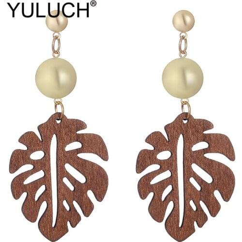 YULUCH Trendy Women Pompom Pom Long Stud Earrings Ethnic African Indian Hollow Wooden Leaf Pattern Gold Metal Big Stud Earrings