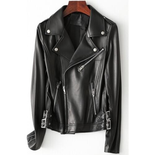 White Real Women Jacket Long Sleeve Slim Zipper Genuine Leather Coat Ladies Streetwear Sheepskin Casual Harajuku Clothes