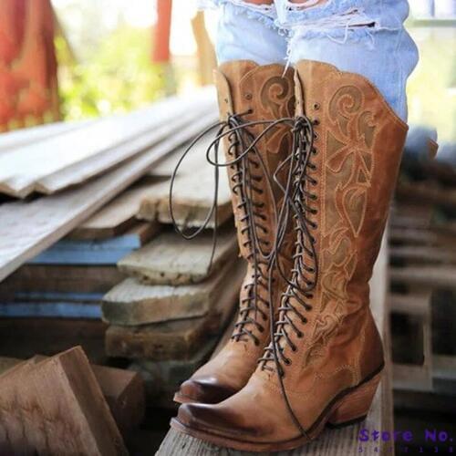 Women knee high Boots gladiator chunky high heels warm shoes Booties vintage PU leather round toe lace up Shoe botas mujer H121