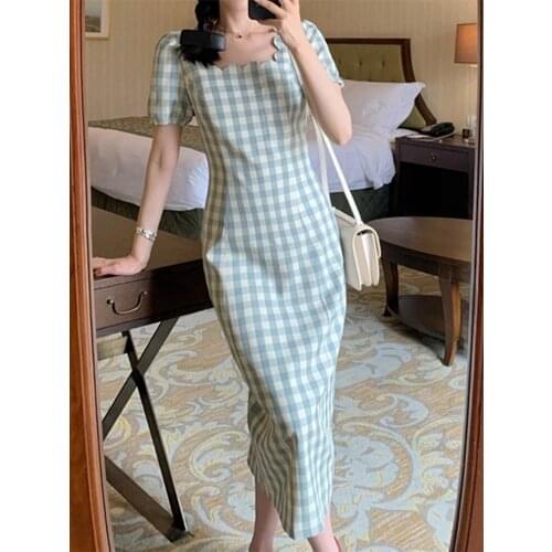Women Summer Retro Plaid Short Sleeve Dress