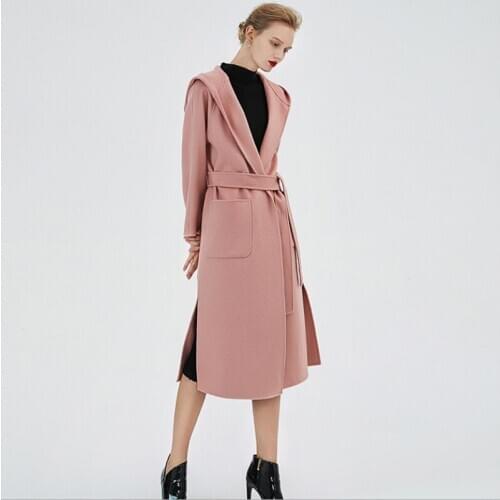 Autumn and winter 2019 new style woolen overcoat hooded tie waist woman coats water ripple double-sided cashmere lady clothes