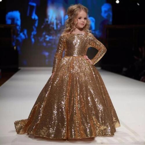 Gold little Girls Dresses Floor Length Ball Gowns For Kids Birthday Party Dress For Girls Fancy Flower Girls Dresses 2-12 Y