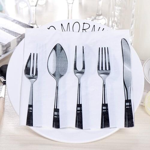 20Pcs/Pack Napkins Paper Decoupage Tissues Creative Black Knife Fork Pattern for Wedding Birthday DIY Decoration