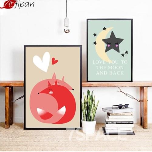 Atfipan No Frame Red Fox Couple Nordic Poster Wall Art Canvas Painting Cartoon Animal Moon Star Printed Nursery Room Home Decor