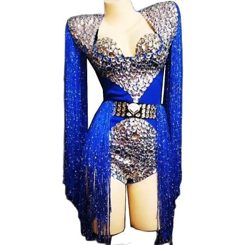 Shining Fringes Women Glistening Rhinestones Handmade Bodysuits Nightclub DJ Singer Performance Costumes Jazz Dance Jumpsuits