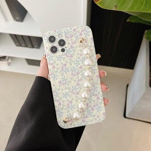 GIMFUN Luxury Pearl Wristband Floral Phone Case for iPhone 11 12 Pro Max XS X XR 7 8 Plus Retro Daisy Matte Soft Tpu Case