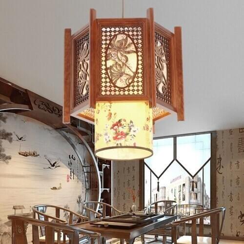 Chinese coffee wood art Chandelier Through-carved flower painting yellow parchment E27 LED lamp for porch&corridor&porch MYR049