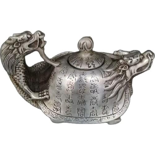 Chinese old Tibet Silver Carving Dragon Head Longevity Wine Pot