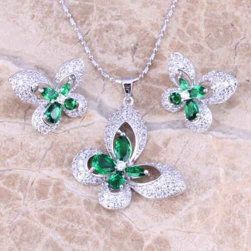 Incredible Butterfly Green Cubic Zirconia White CZ Silver Plated Earrings Pendant Necklace Jewelry Sets S0731