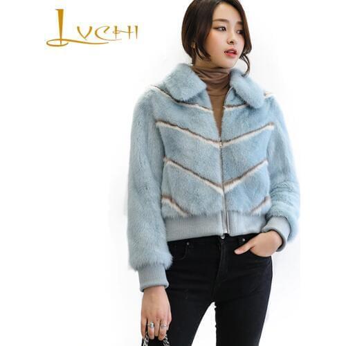 LVCHI Winter Long Sleeve Striped Mink Coat Real Fur Coat Import Swan Velvet Natural Fur Turn-Down Collar Womens Short Mink Coat