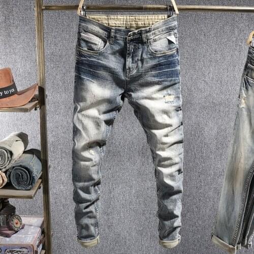 Italian Style Fashion Men Jeans Retro Blue Elastic Slim Fit Ripped Denim Pants Streetwear Vintage Designer Cotton Long Trousers