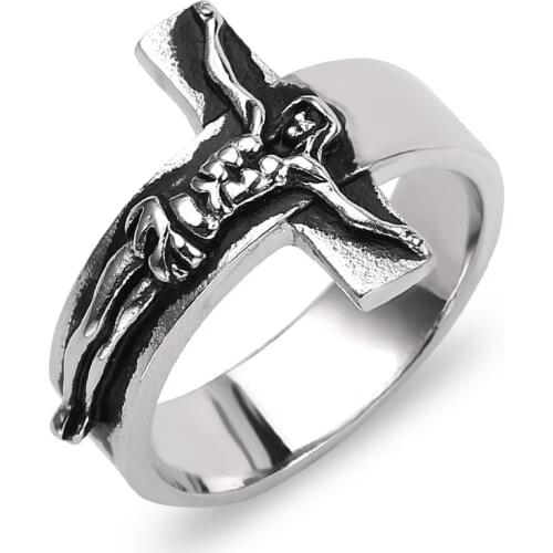 Retro Jesus Mens Rings Cross Punk Crucifix Ring Prayer Gothic Rock Men Religious Male Jewelry US Size 8-13