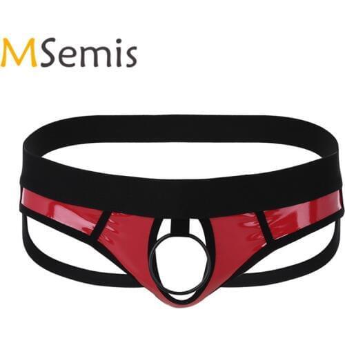 MSemis Men Jockstrap Sexy Lingerie Faux Leather Jockstrap Open Back Hollow Low Rise Bikini G-string Underwear with Metal O-rings