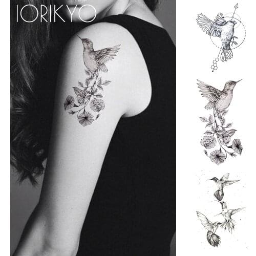 New Black Hummingbird Temporary Tattoo Stickers Women Arm Pencil Sketch Waterproof Tatoos Girls Forearm Birds Fake Tattoo Flower