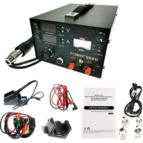 Soldering Station With Power Supply 15V 1A Rework Station 3 In 1 Saike 909D Hot Air Gun 650W 4 With Air Gun Nozzles