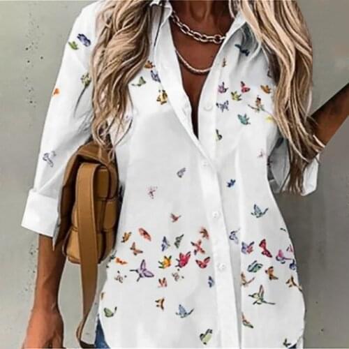 Spring Autumn Women Shirts Elegant V-Neck Butterfly Print Female Blouse Fashion Casual Buttons Long Sleeve Solid Lady Chaqueta
