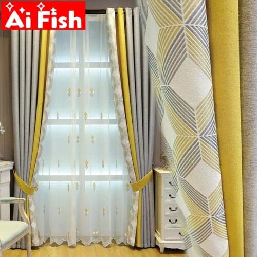 Modern Yellow Grey Geometry Stitch Splicing Blackout Window Curtains for Living Room Thicker Linen Blinds Bedroom Curtain #45