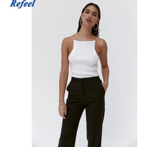 Summer women Off Shoulder Sling Tops Black white Sexy Slim Pearl Chain Camisole Club backless Tank top Lady Knitted vest